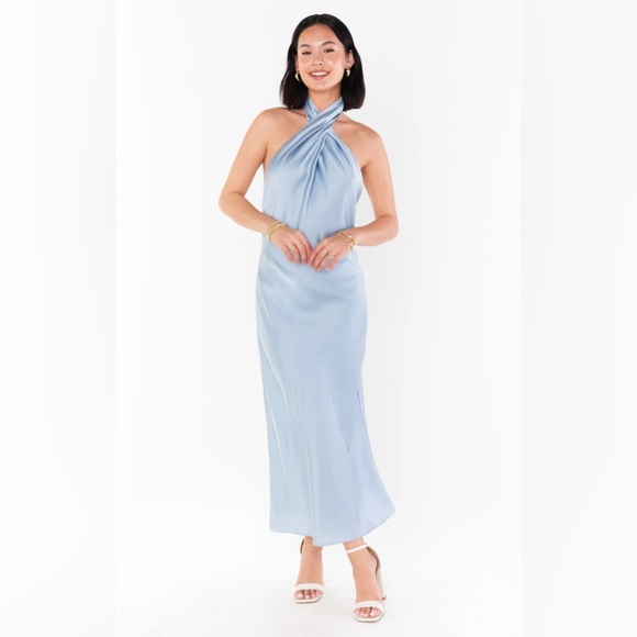 Show Me Your MuMu Dresses & Skirts - Show Me Your MuMu Light Blue Satin Twist-Halter Midi Dress